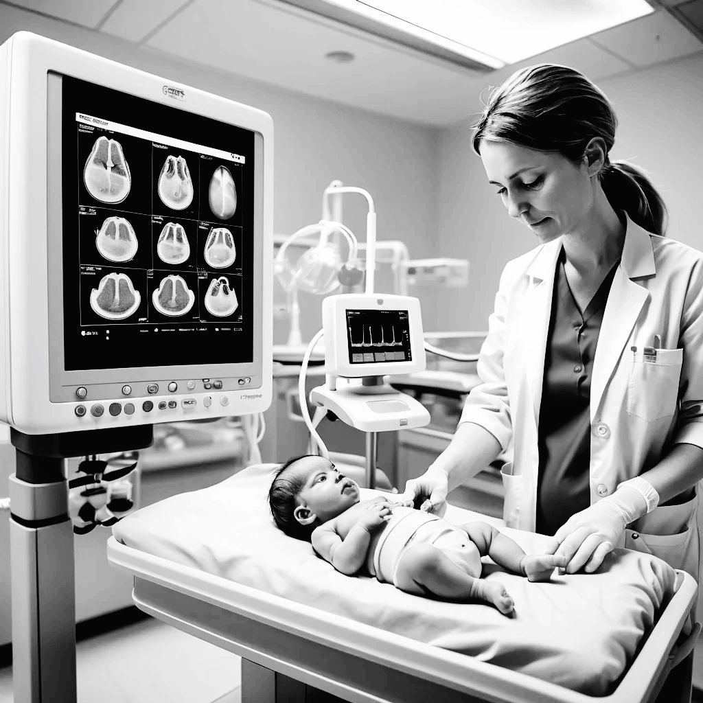 Clinician caring for an infant beside a monitor in a neonatal unit